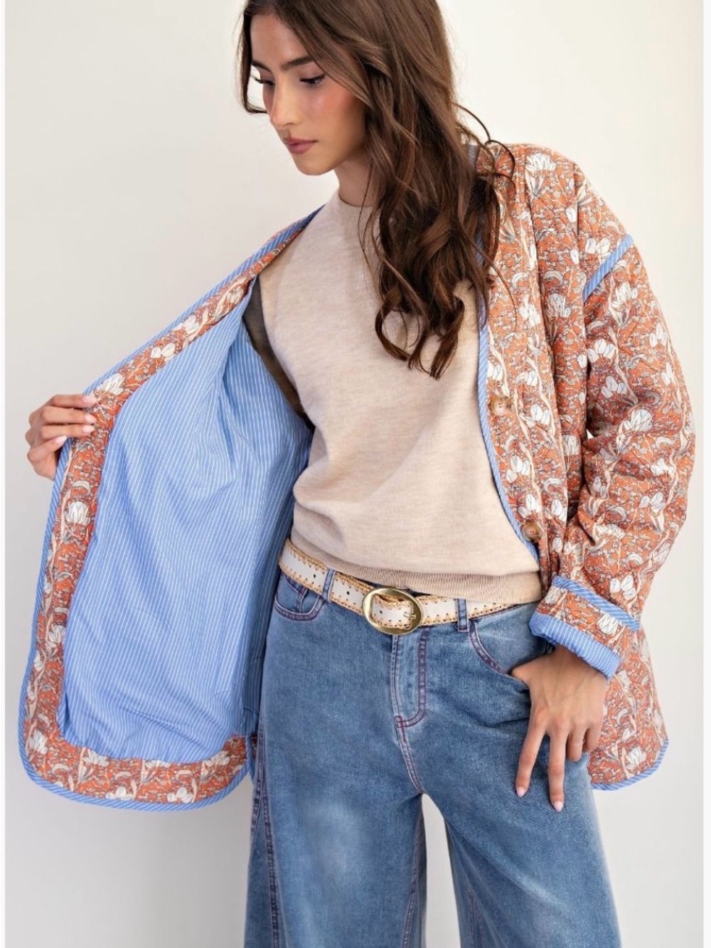 easel Floral Quilted Jacket in Coral and Light Blue S-3X